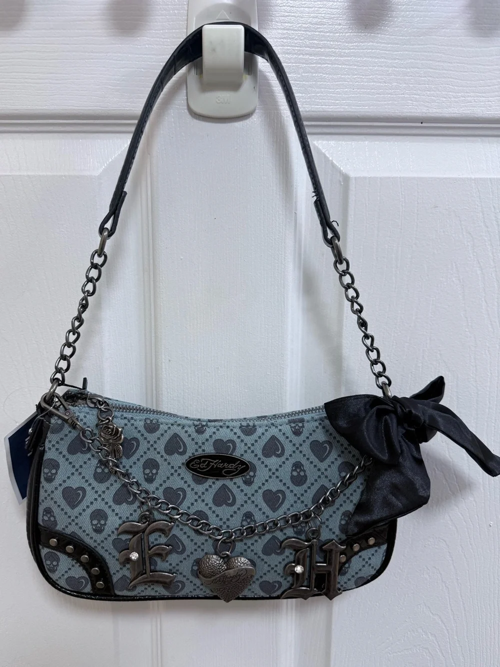 NWT Ed Hardy Blue Heart & Skull Print Chain Shoulder Bag with Bow